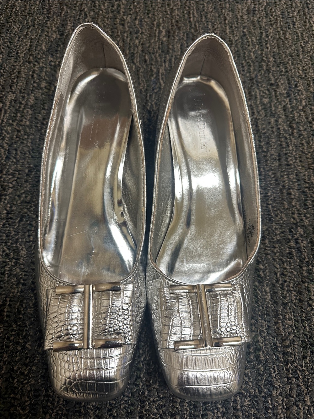 Pierre Dumas Metallic Silver Croc-Embossed Square-Toe Flats with Decorative Bar